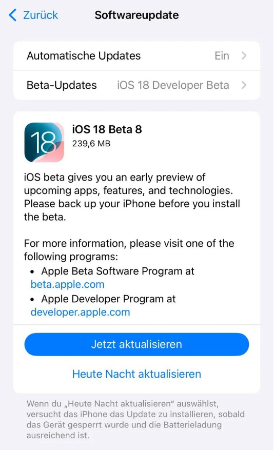 西峰苹果手机维修分享苹果 iOS / iPadOS 18 开发者预览版 Beta 8 发布 